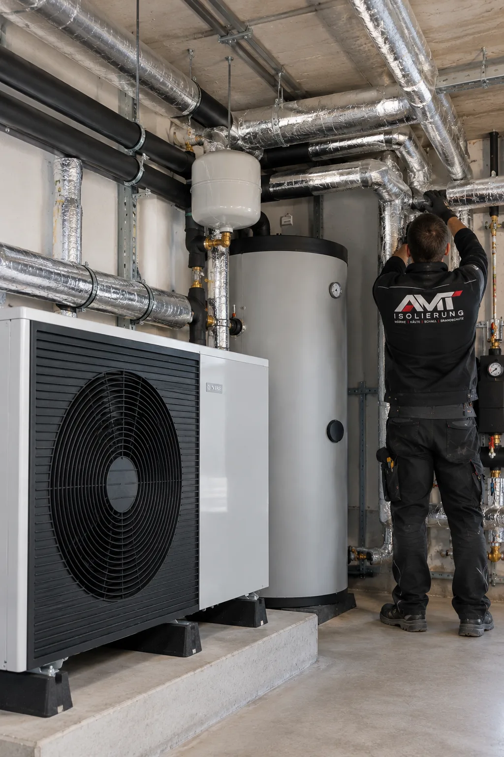 AMT Isolierung Techniker isoliert Heizungs- und Wärmepumpenleitungen im Heizungsraum