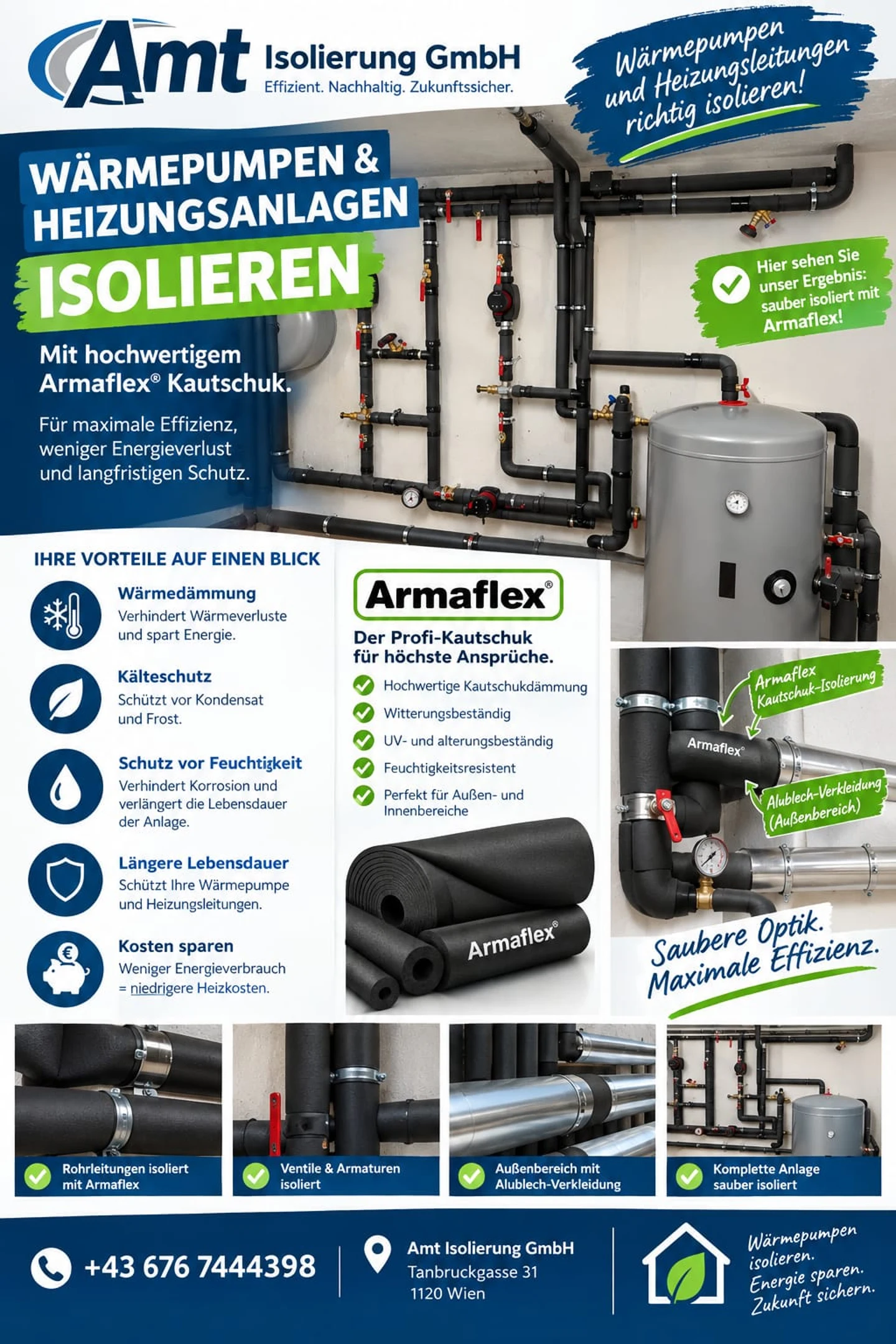 AMT Informationsblatt: Wärmepumpen- und Heizungsanlagen-Isolierung mit Armaflex-Kautschuk und Alublech-Verkleidung